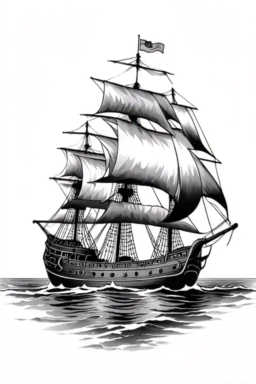 spanish galleon black white tattoo design idea