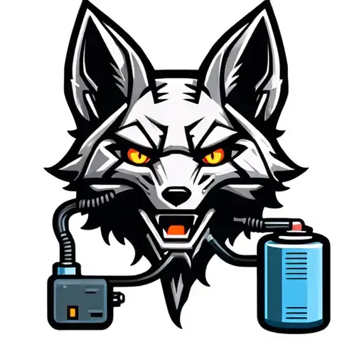 Mechanical fox head logo. Fox head is plugged into a battery. Low detail, simple design. tattoo design idea