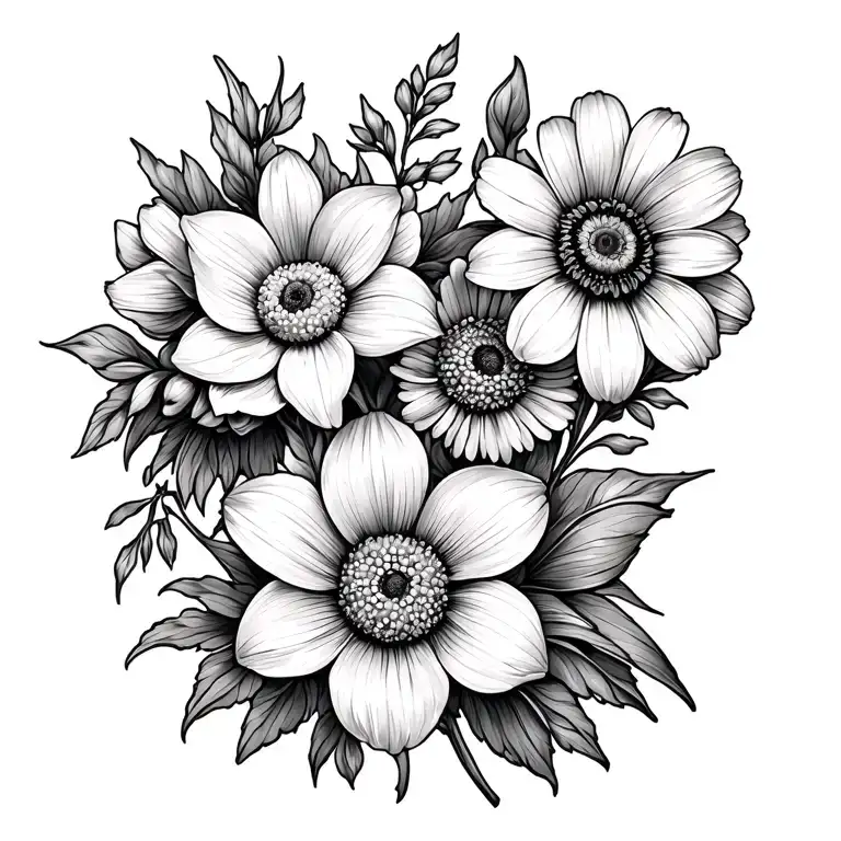 elegant line drawn tattoo of family birth flowers combining a daffodil followed by a marigold and then 2 daisies tattoo design idea