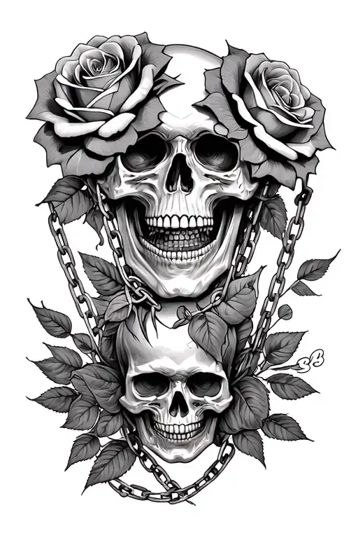 skull and roses blooming wit chains breaking and bursting and names maleek and Andrew with a sad boy theme  tattoo design idea