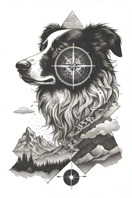 compass border collie portrait mountains tattoo design idea