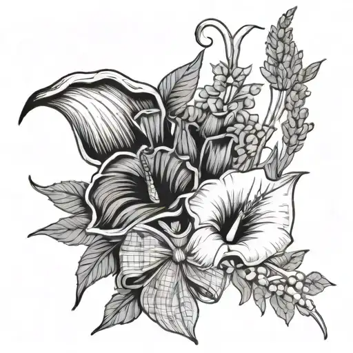 bouquet of a calla lily, sunflower, and piece of rosemary in a fine-line style with a bow at the end tattoo design idea