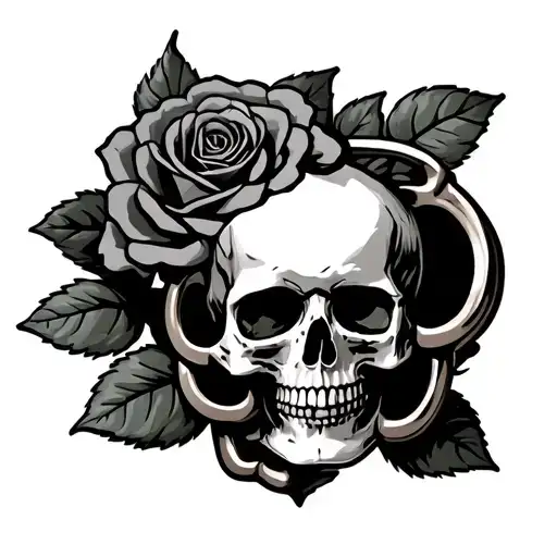 brass knuckles, rose around skull rose intertwined tattoo design idea