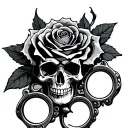 brass knuckles, rose around skull rose intertwined tattoo design idea