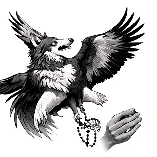 wolf howling at an eagle with praying hands holding a rosary tattoo design idea