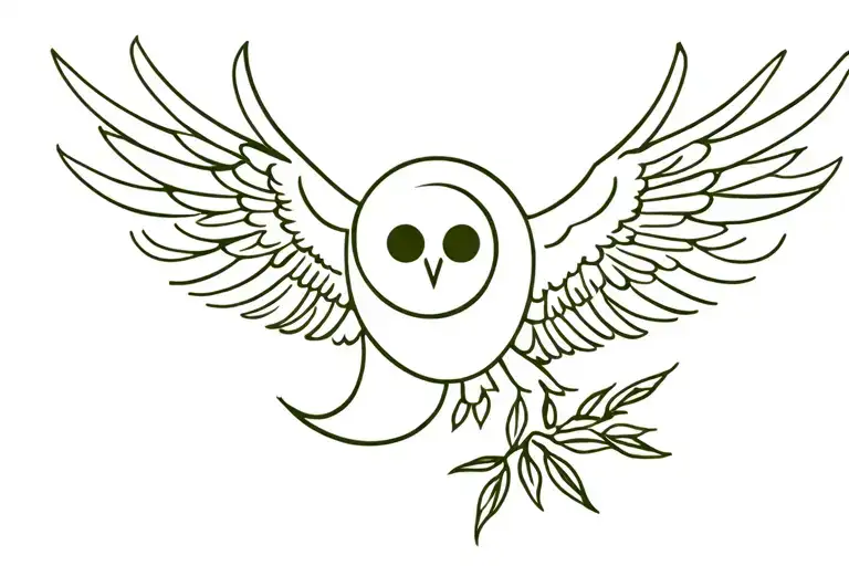 athena owl foregrund triple moon hectate symbol above owl, simplistic olive branch  tattoo design idea
