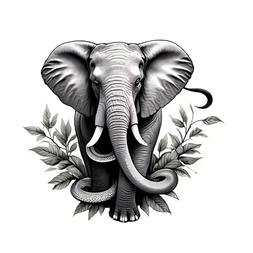 arm sleeve with an elephant surrounded by leaves with a snake wrapped around arm tattoo design idea