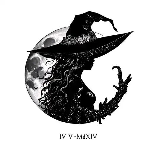 "IV - V - MMXIV" sexy witch bride silhouette over full moon tattoo design idea