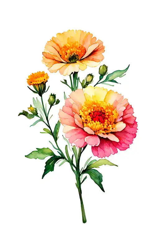 aster, carnation and marigold flower blooming tattoo design idea