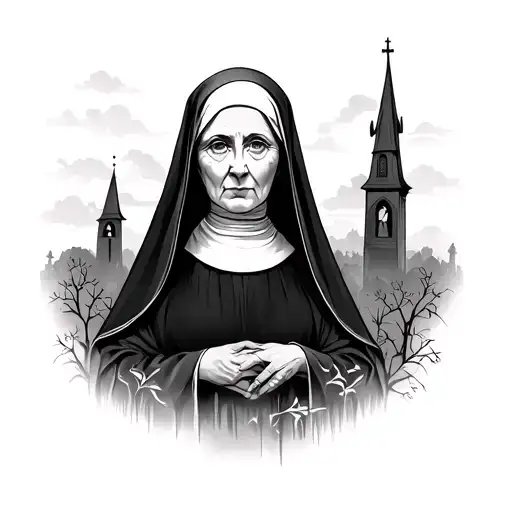 Nun with cemetery and church windows tattoo design idea