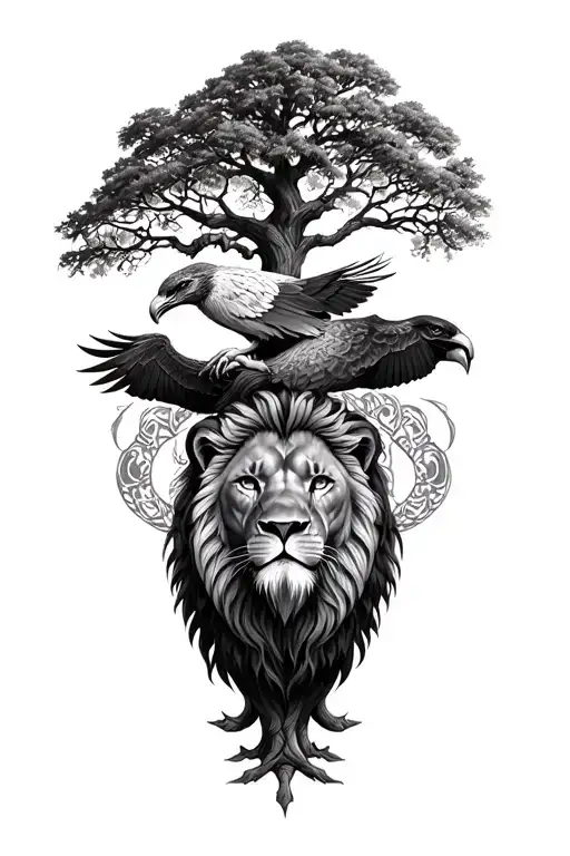Ocotea usambarensis and oak tree intertwined , lions and eageles  tattoo design idea