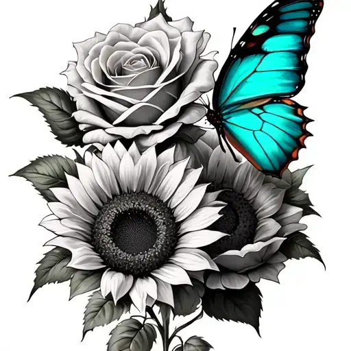 sunflowers, roses and a teal butterfly tattoo design idea