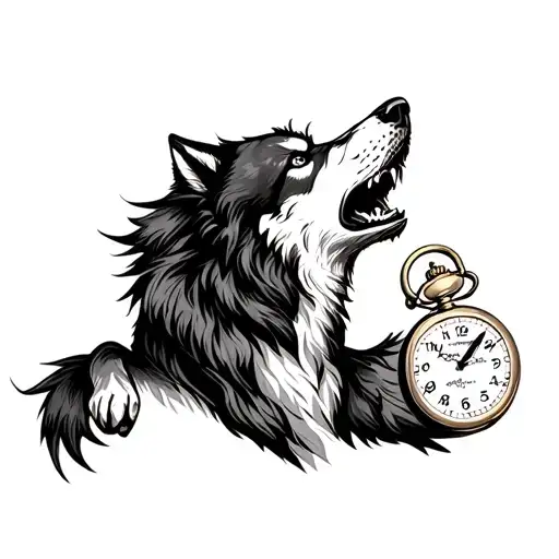 In the style of realism, a fierce wolf howling at the moon as a tattoo in the crook of the leg. with a pocket watch  tattoo design idea