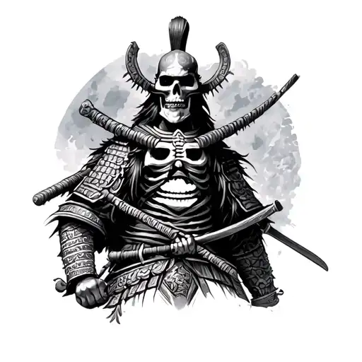 A Japanese-style tattoo of a skeletal samurai warrior with Andean elements from Ecuador. The samurai wears a traditional tattoo design idea