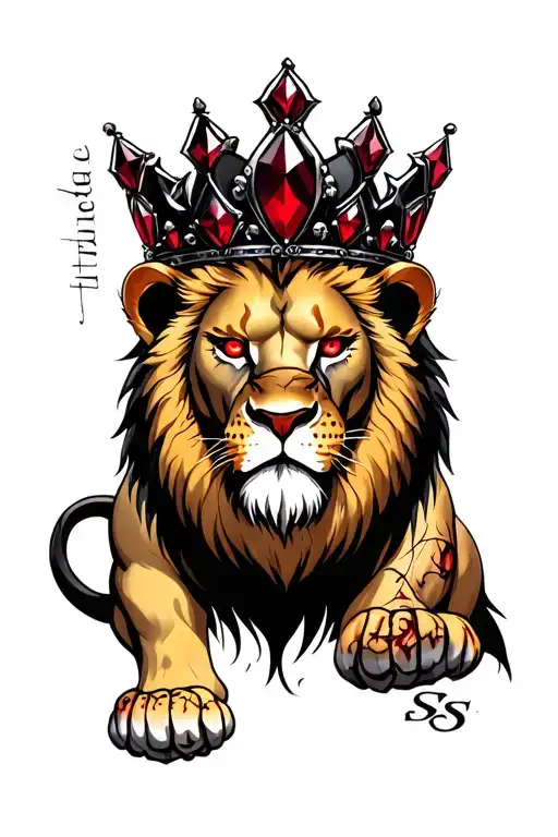 "S" fearsome lion with red eyes wearing a black and red jewel crown, the lion has scars showing the batter it went through  tattoo design idea