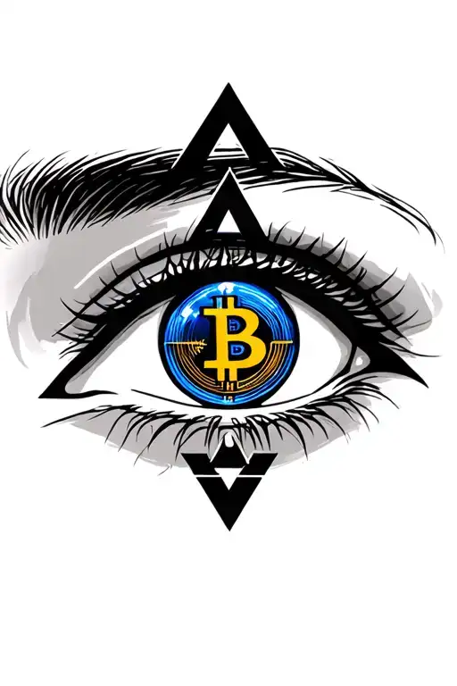 No brow, Feminine Eye, blue highlights in the iris. Dark outline, gold bitcoin logo in iris of Illuminati pyramid tattoo design idea