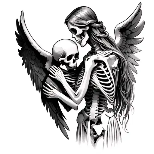 angel comforting a skeleton tattoo design idea