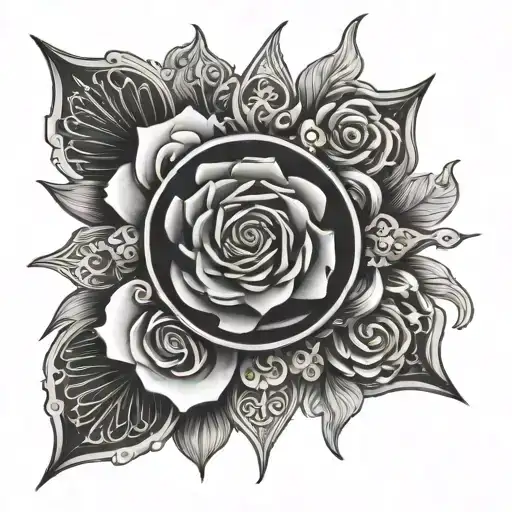 A black and white tattoo of a gothic rosette tattoo design idea