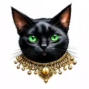 I want you to create sketches of a black cat with green eyes for a tattoo that has a necklace with pins tattoo design idea