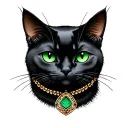 I want you to create sketches of a black cat with green eyes for a tattoo that has a necklace with pins tattoo design idea