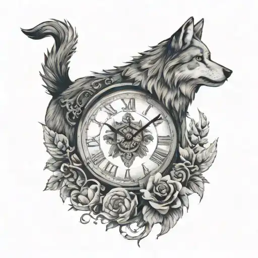 A Roman clock with my dads Roman numerals blended and a realistic wolf and owl tattoo design idea