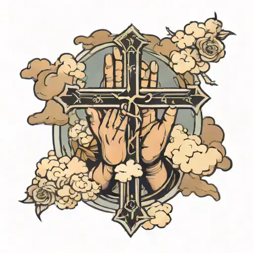 prayer hands with three crosses and clouds tattoo design idea