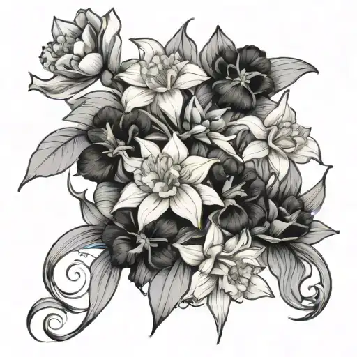bouquet of daffodils, pansy's and water lily growing tattoo design idea