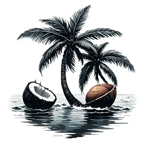sea, sub and coconut tree tattoo design idea