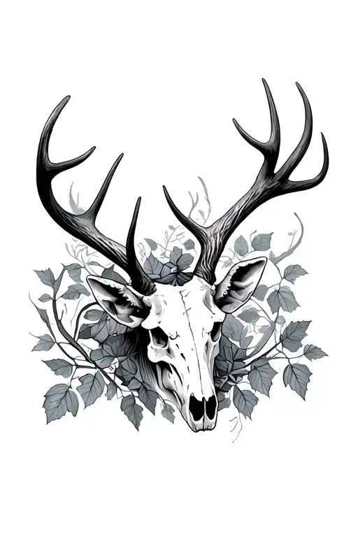 stag skull with ivy tattoo design idea