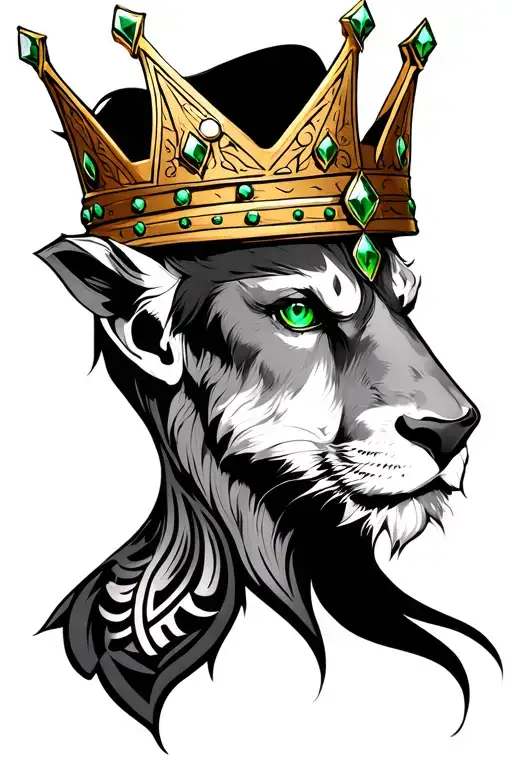 realistic loin head with crown with green eyes and green gems  tattoo design idea