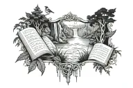 waterfall, stream, ferns, trees, sparrows, elves broken mirror, music sheet tattoo design idea