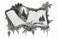 waterfall, stream, ferns, trees, sparrows, elves broken mirror, music sheet tattoo design idea