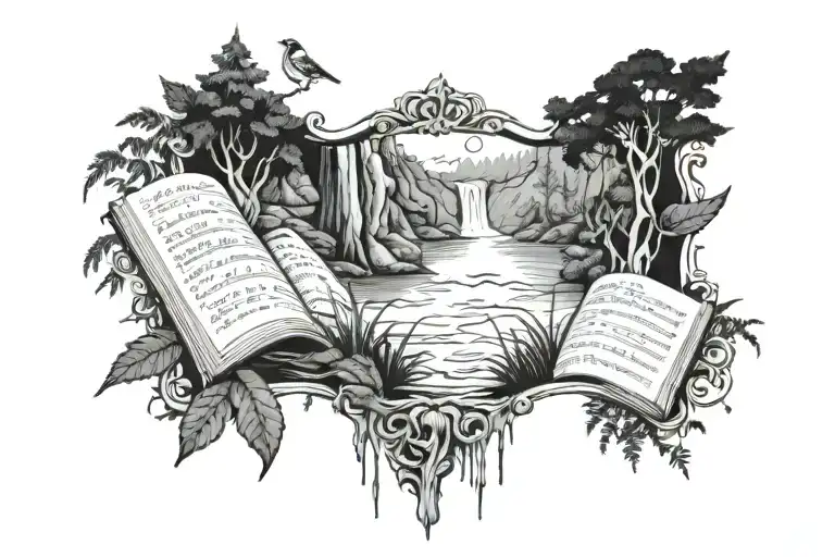 waterfall, stream, ferns, trees, sparrows, elves broken mirror, music sheet tattoo design idea