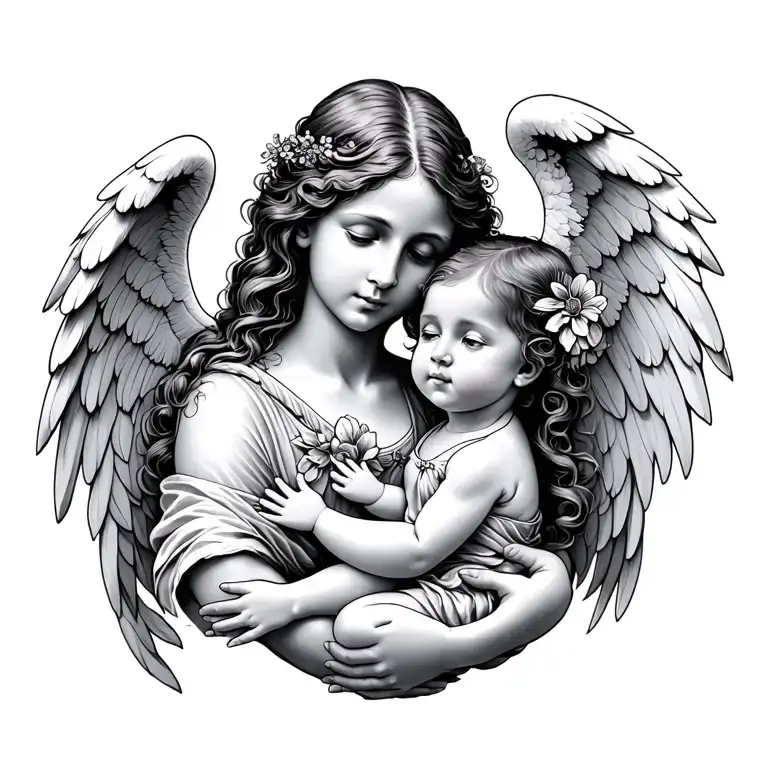 hurt mother angel holding baby girl tattoo design idea