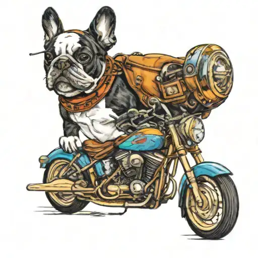 French bulldog riding a Harley motorcycle in Texas  tattoo design idea
