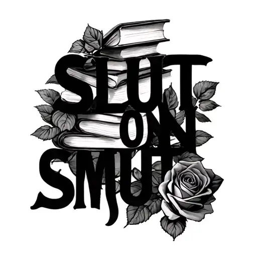 "Slut on smut" books and roses growing together tattoo design idea