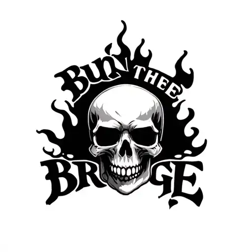 flaming skull that says "burn the bridge" tattoo design idea