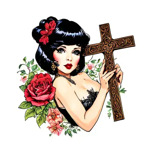pinup girl with black bob and holding a cross tattoo design idea