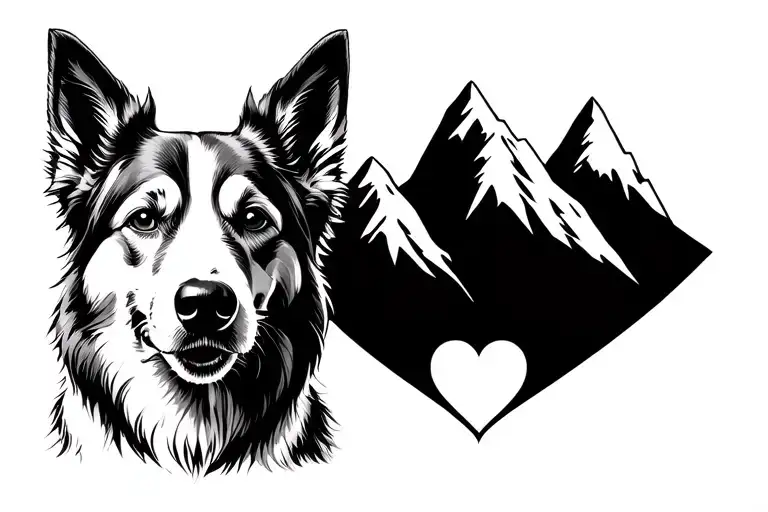 Dog and mountains and love heart, minimalistic tattoo design idea