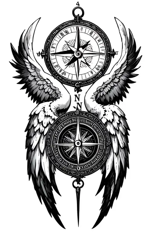 moral compass with angel and demon wings spread wide tattoo design idea