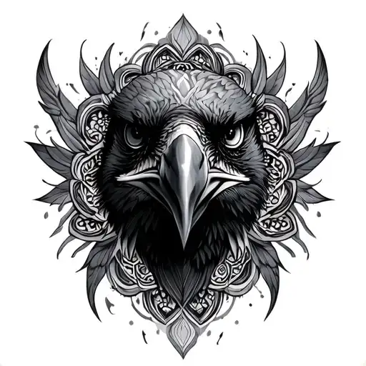 raven mandala throat surrounded tattoo design idea