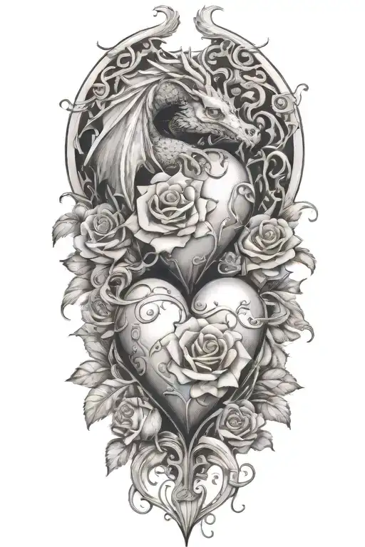 heart roses book dragon intertwined tattoo design idea