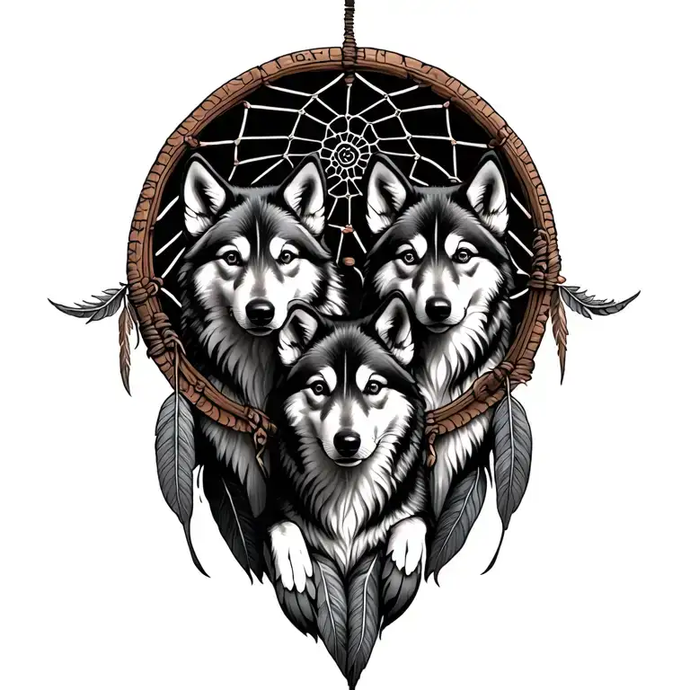 Three wolf pups inside A Dream catcher tattoo design idea