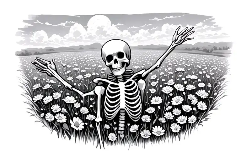 skeleton in a field of flowers with one hand outstretched toward the sky tattoo design idea