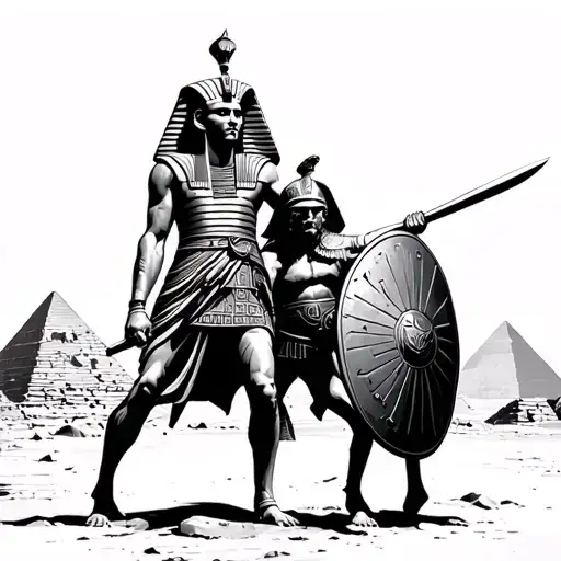 Egypt: Pyramids, the Sphinx, Pharaoh. Greece: The Parthenon, a hoplite with his shield. Rome: gladiator combat tattoo design idea