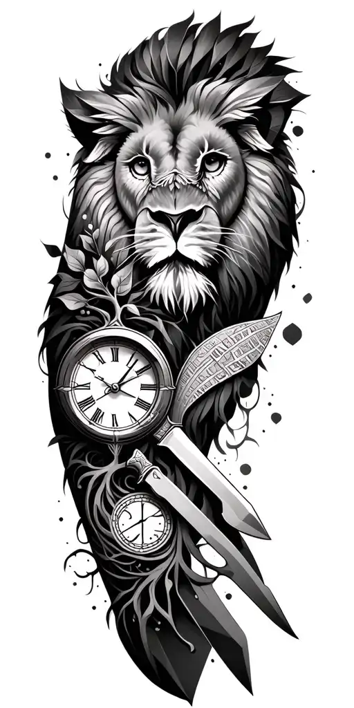 geometric right arm sleeve consisting of lion, owl, chef knife, tree of life, clock tattoo design idea