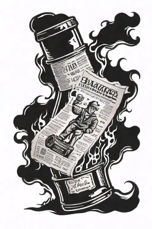 newspaper in a burning bottle tattoo design idea
