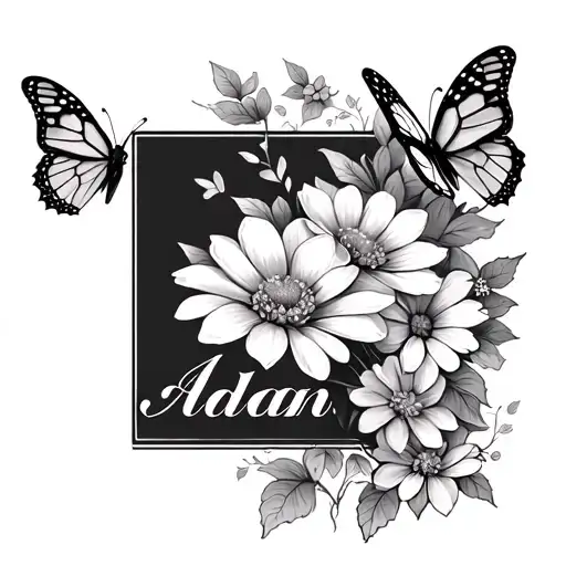 flowers and butterflies fluttering with the name Aidan  tattoo design idea