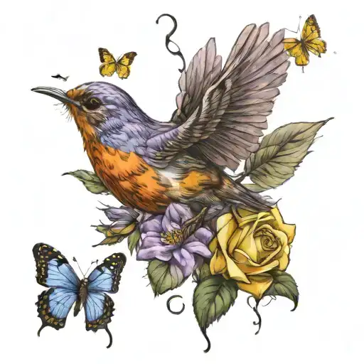 A robin holding a yellow rose by its stem while flying, purple butterflies surrounding them tattoo design idea