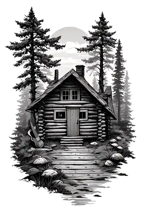 Log Cabin With An Acoustic Guitar Nature Scene  tattoo design idea